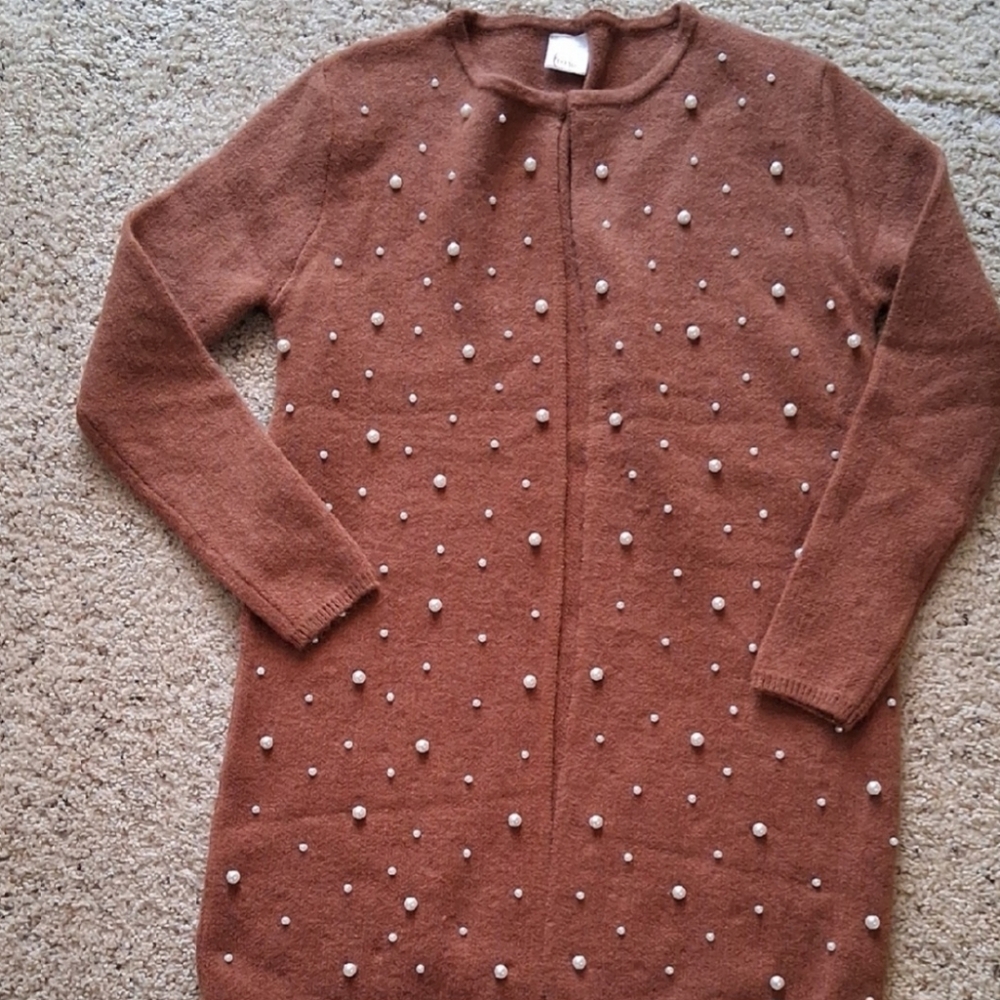 Chic Brown Cardigan with Pearl Details